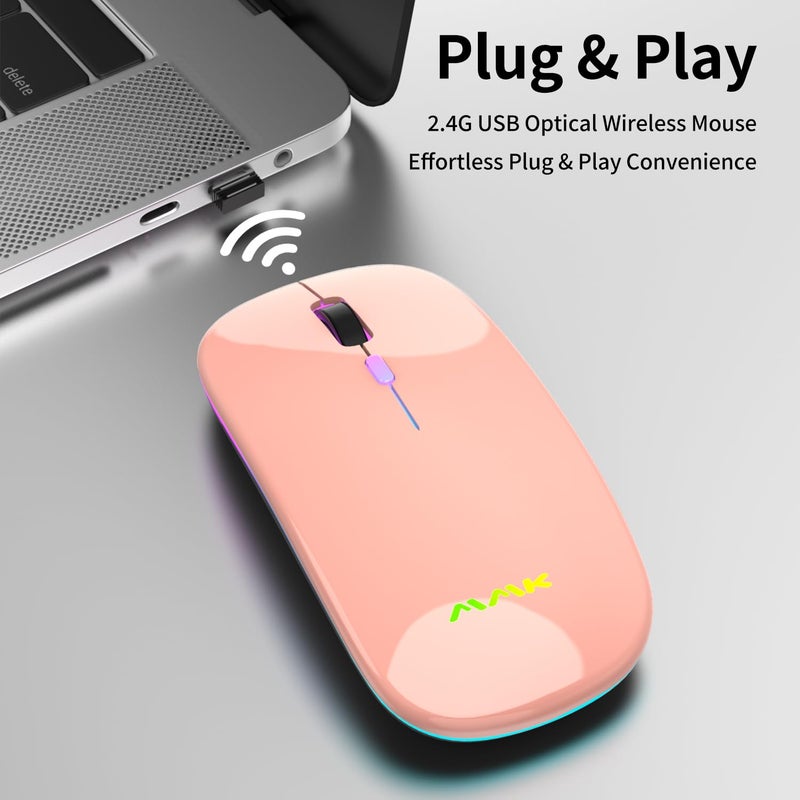 MMK Wireless Bluetooth Mouse for Laptop, Rechargeable Mouse 2.4G USB Optical Wireless Mouse, LED Slim Dual Mode(Bluetooth 5.0 and 2.4G) Wireless Device for Laptop, PC, Mac OS, Android, Windows Champagne - Image 2